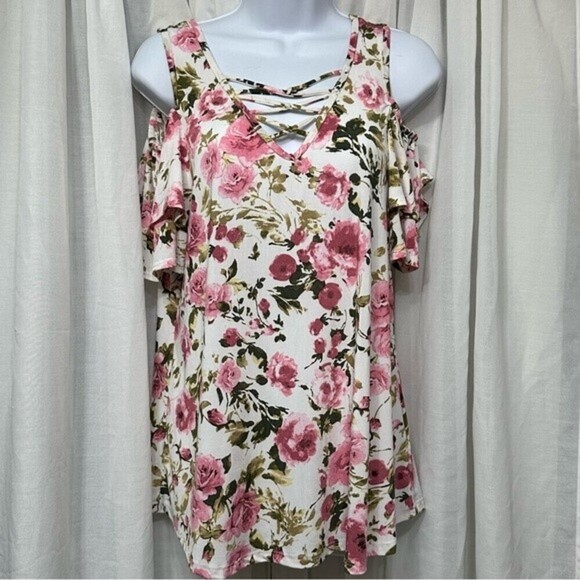 Discreet Floral‎ Print Multicolored Short Sleeve  Open Shoulder Size XL Top - Picture 8 of 16